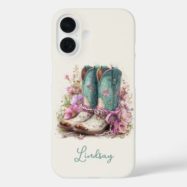 Elegant Teal Boots with Flowers Monogrammed Case-Mate iPhone Case (Back)