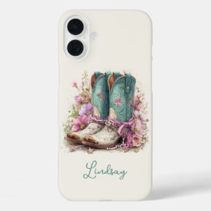 Elegant Teal Boots with Flowers Monogrammed iPhone 16 Plus Case