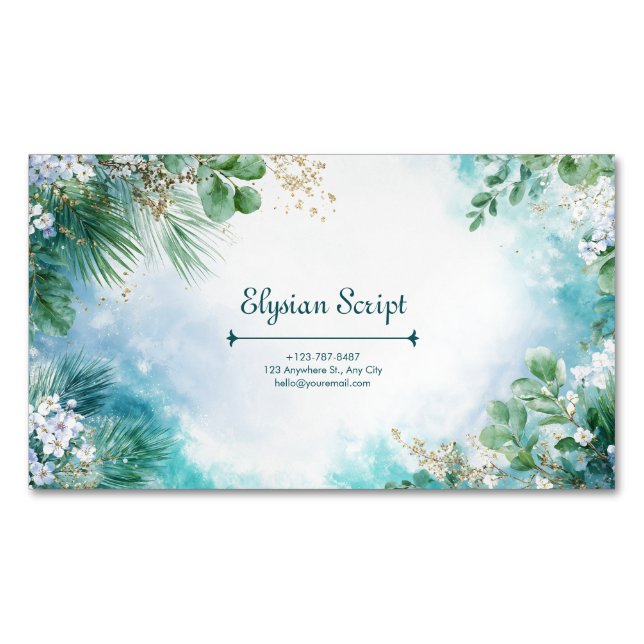 Elegant Teal Botanical Gold Sparkle Watercolor Magnetic Business Card (Front)