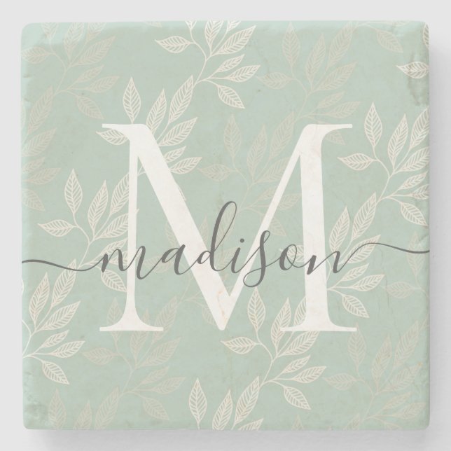 Elegant Teal Botanical Leaves Monogram Script Name Stone Coaster (Front)