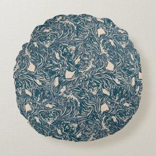 Elegant Teal Botanical Swirl Seamless Pattern Round Cushion