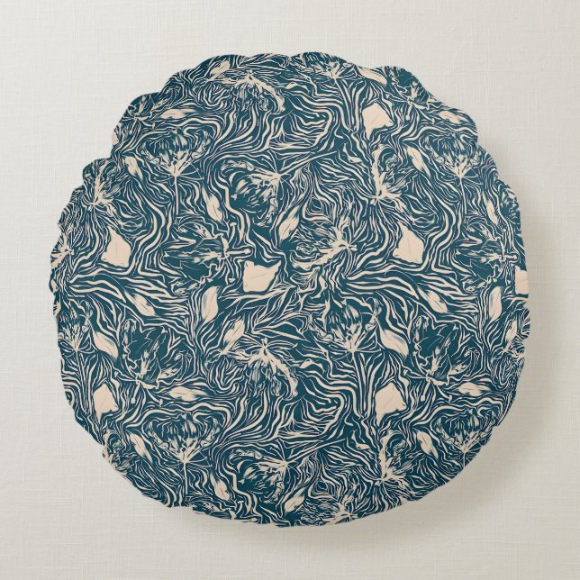 Elegant Teal Botanical Swirl Seamless Pattern Round Cushion (Front)