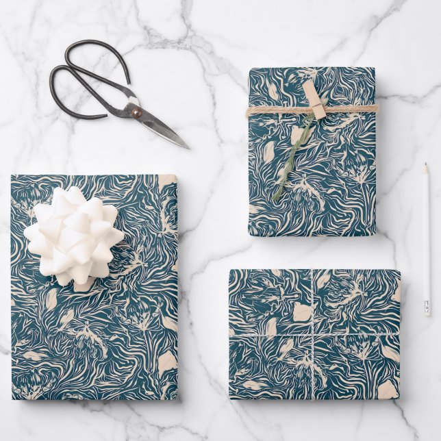 Elegant Teal Botanical Swirl Seamless Pattern Wrapping Paper Sheet (Front)