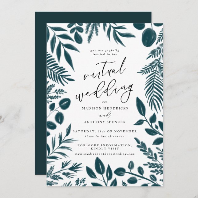 Elegant Teal Botanical Virtual Wedding Invitation (Front/Back)
