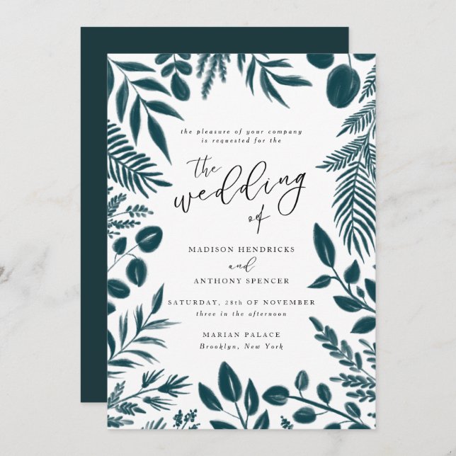 Elegant Teal Botanical Wedding Invitation (Front/Back)