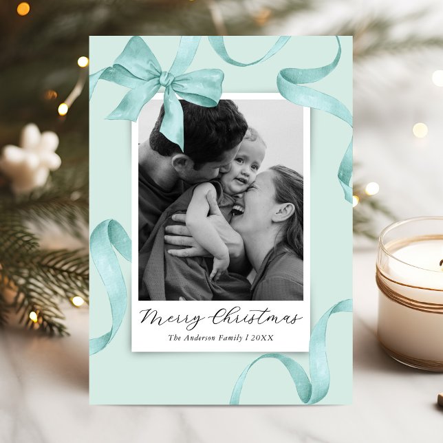 Elegant Teal Bow Photo Christmas Holiday Card (Creator Uploaded)