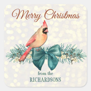 Elegant Teal Bow Pine Bough with Cardinal Holiday Square Sticker