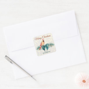 Elegant Teal Bow Pine Bough with Cardinal Holiday Square Sticker