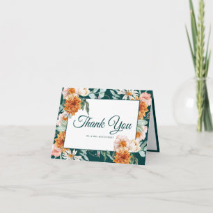 Elegant Teal Burnt Orange Floral Wedding Photo Thank You Card