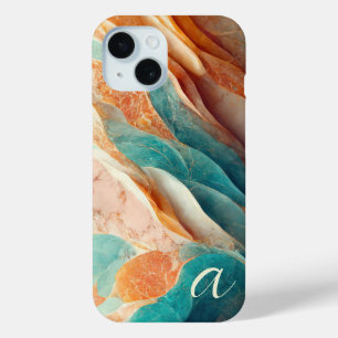 Elegant Teal Burnt Umber Marble Monogrammed Luxury iPhone 15 Case