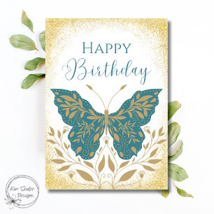 Elegant Teal Butterfly Botanical Happy Birthday Card