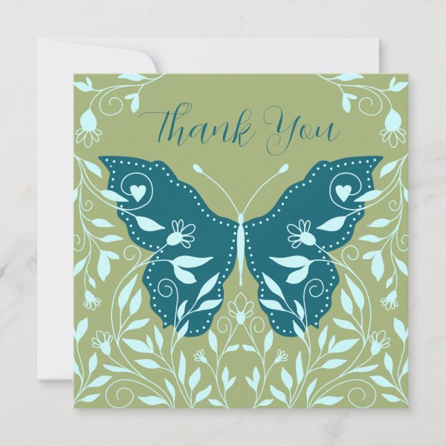 Elegant Teal Butterfly With Aqua Vines Thank You Card (Front)