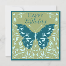 Elegant Teal Butterfly With Vines Happy Birthday