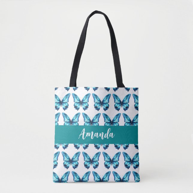 Elegant Teal Butterly Pattern Name Tote Bag (Front)