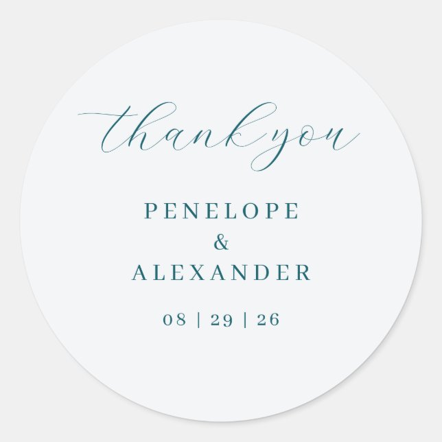 Elegant Teal Calligraphy Classic Round Sticker (Front)