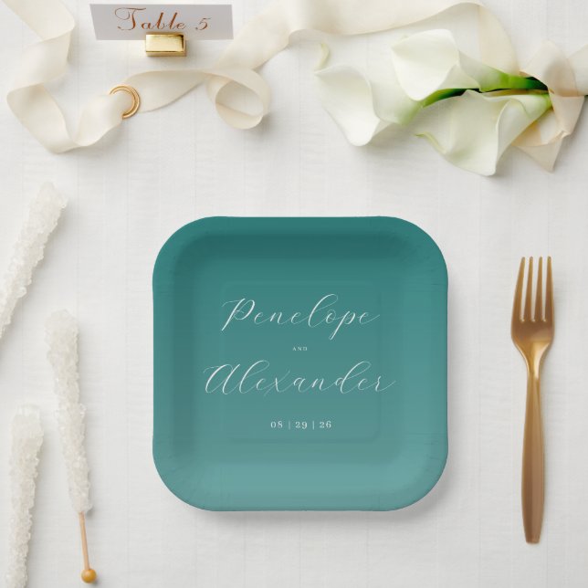 Elegant Teal Calligraphy Paper Plate (Wedding)