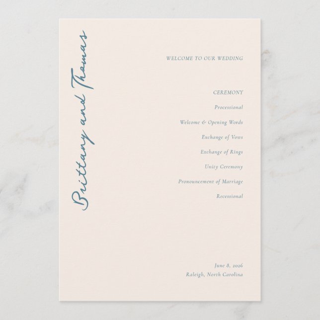 Elegant Teal Calligraphy Wedding Ceremony Program (Front)