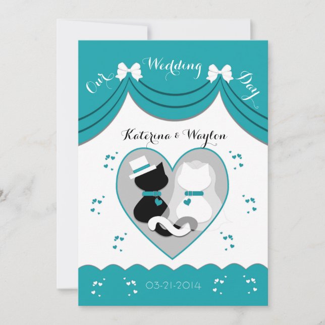 Elegant Teal Cat Wedding Couple Invitations (Front)