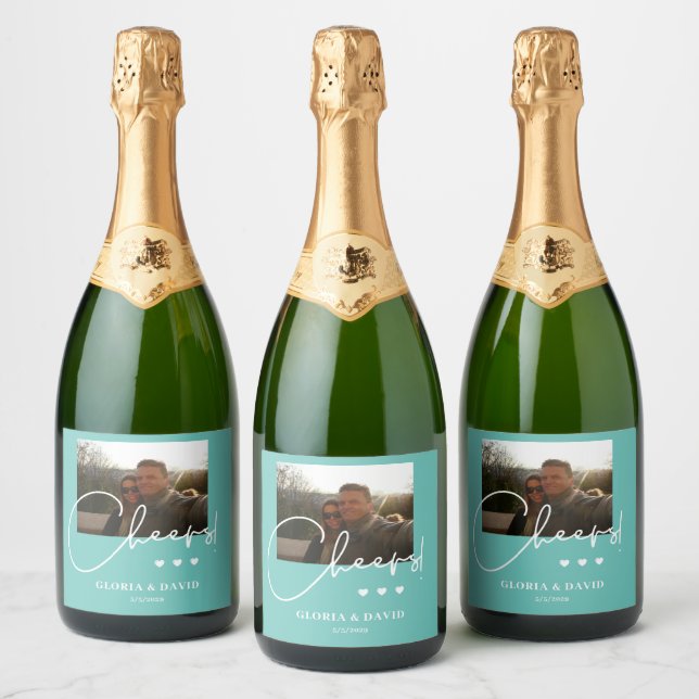 Elegant Teal Cheers Wedding  Sparkling Wine Label (Bottles)