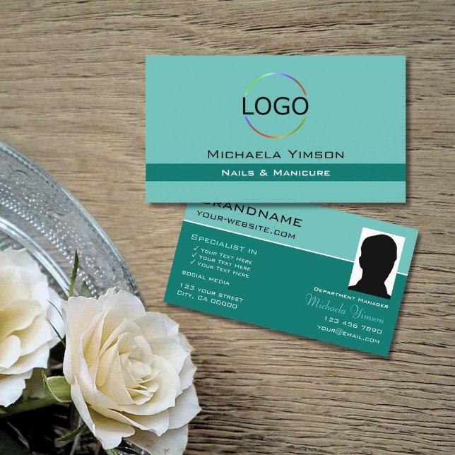 Elegant Teal Chic with Logo and Photo Professional Business Card (Creator Uploaded)