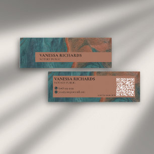 Elegant Teal & Copper Abstract QR Code Notary Mini Business Card