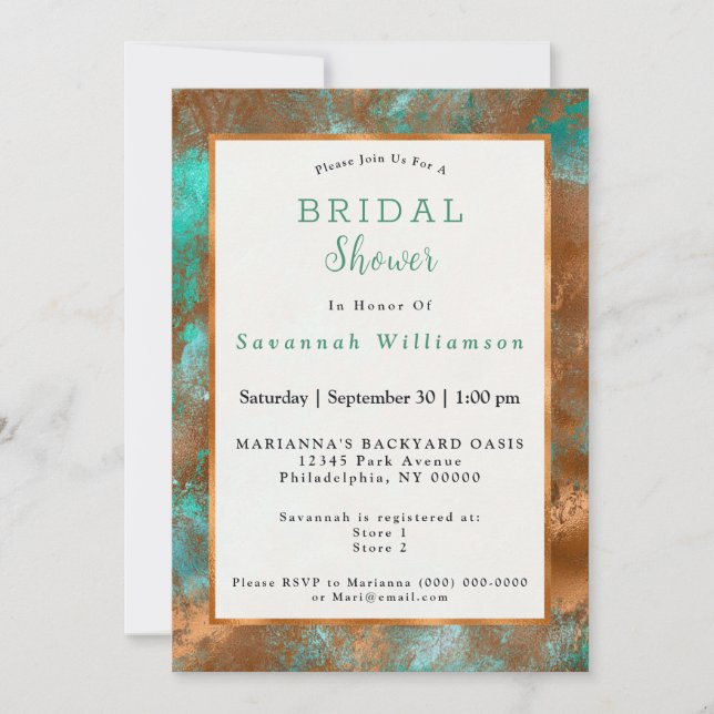 Elegant Teal Copper Patina Abstract Bridal Shower Invitation (Front)