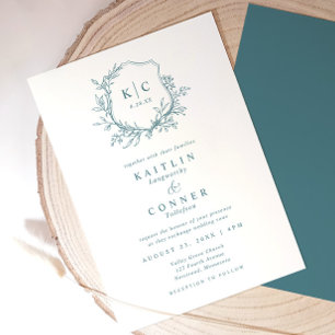 Elegant Teal Crest Classic Formal Wedding Logo Invitation