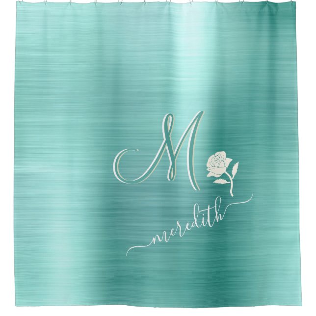 Elegant Teal Custom Monogram Name Flower  Shower Curtain (Front)