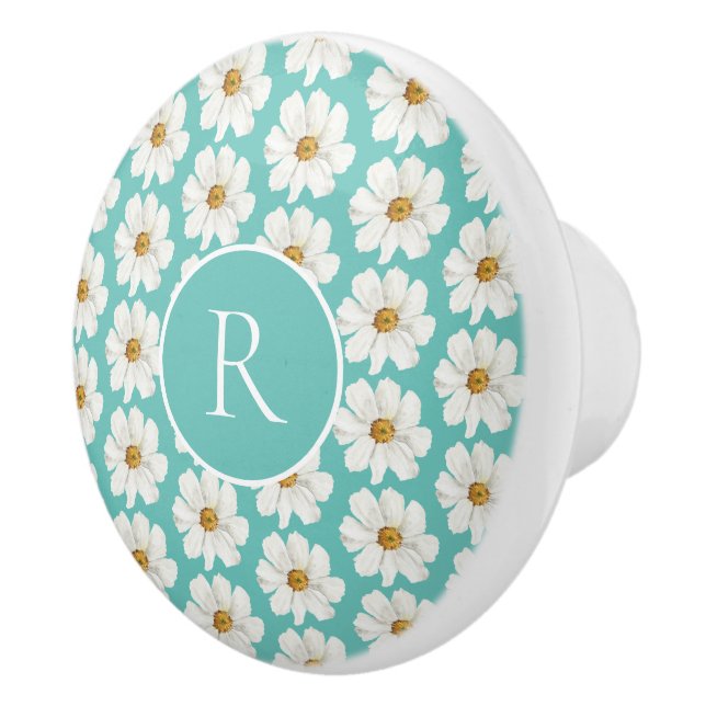 Elegant Teal Daisy Pattern Monogram Ceramic Knob (Right)