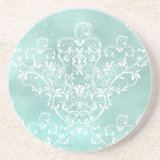 Elegant Teal Damask Coaster (Front)