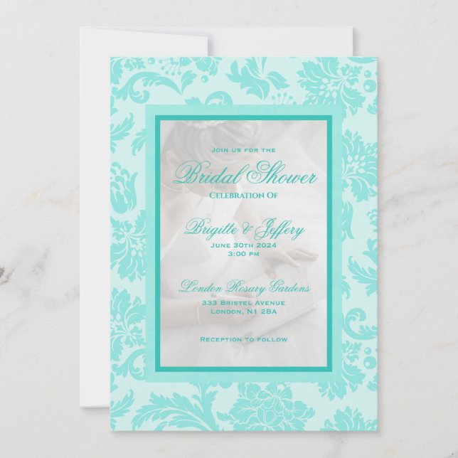 Elegant teal damask custom wedding invitation (Front)