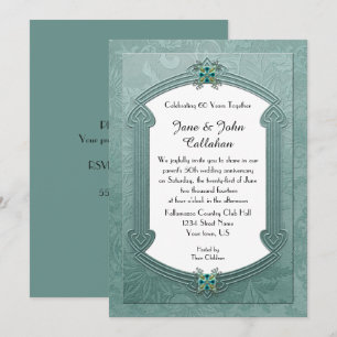 Elegant Teal Damask Jewels Anniversary Invitation