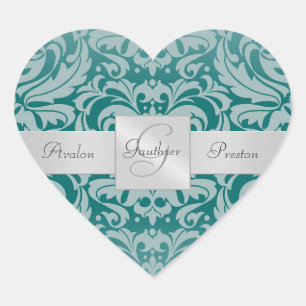 Elegant Teal Damask Monogram Heart Wedding Sticker