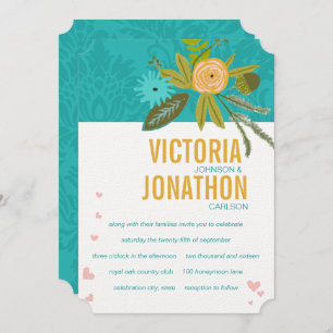 Elegant Teal Damask Turquoise Pink Gold Wedding Invitation