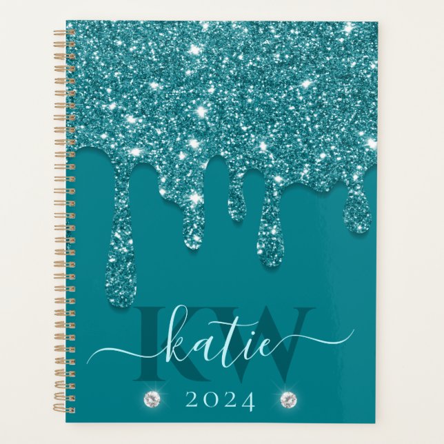 Elegant Teal Dripping Glitter Monogram Planner (Front)