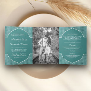Elegant Teal Ethnic Indian Arch Wedding Photo Tri-Fold Invitation
