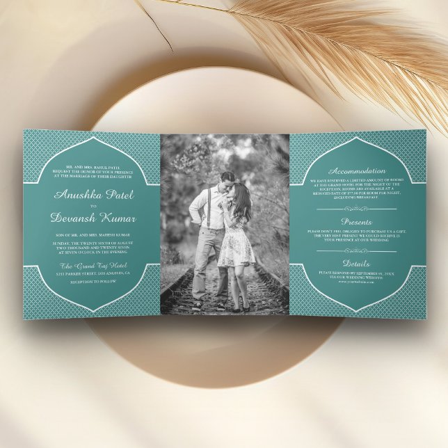 Elegant Teal Ethnic Indian Arch Wedding Photo Tri-Fold Invitation (Creator Uploaded)