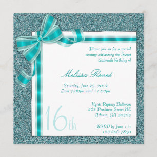 Elegant Teal Faux Glitter Invite with Bow