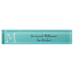Elegant Teal Faux Metal Monogram Student Nameplate