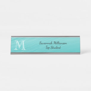 Elegant Teal Faux Metal Student Monogram Desk Name Plate