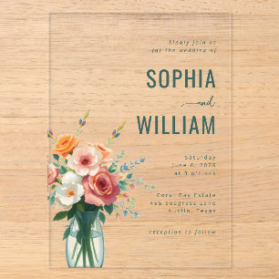 Elegant Teal Floral Bouquet Acrylic Invitations