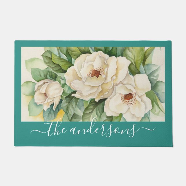 Elegant Teal Floral Magnolia Flowers Script Name Doormat (Front)
