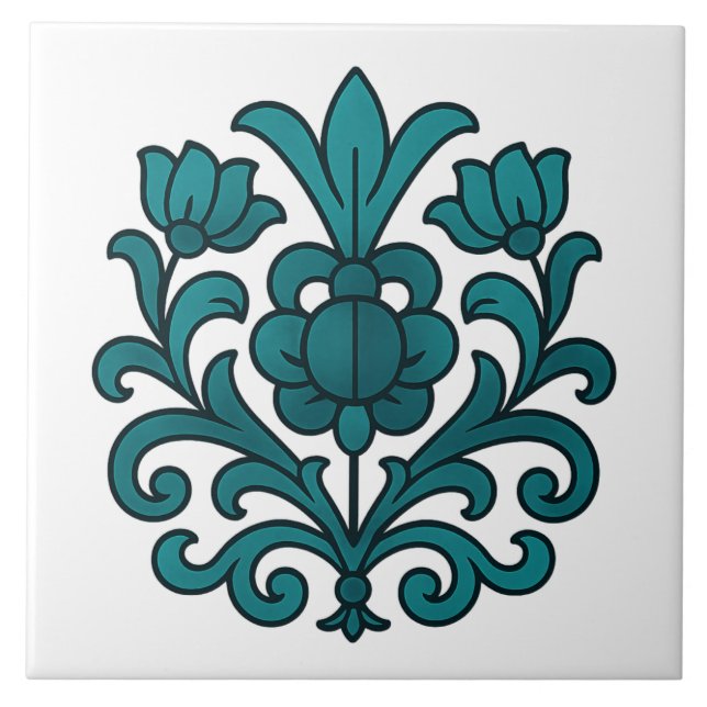 Elegant Teal Floral Mandala Stained Glass  Ceramic Tile (Front)