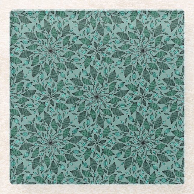 Elegant Teal Floral Pattern with Leaf Mandala  Glass Coaster (Front)