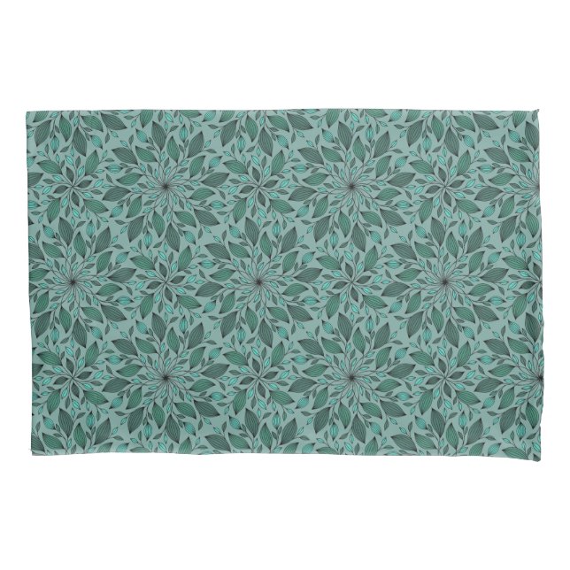 Elegant Teal Floral Pattern with Leaf Mandala  Pillowcase (Front-Left)