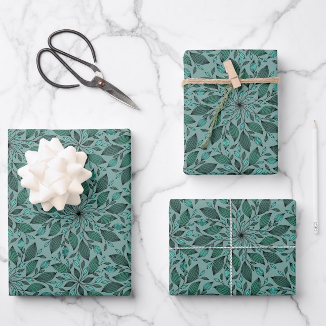 Elegant Teal Floral Pattern with Leaf Mandala  Wrapping Paper Sheet (Front)