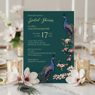 Elegant Teal Floral Peacock Bridal Shower