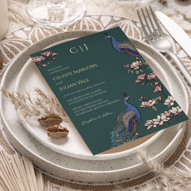 Elegant Teal Floral Peacock Wedding Gold (Real Gold Foil Elegant Peacock on Magnolia Tree. Hand-Drawn Modern Chinoiserie Style in Teal Green)