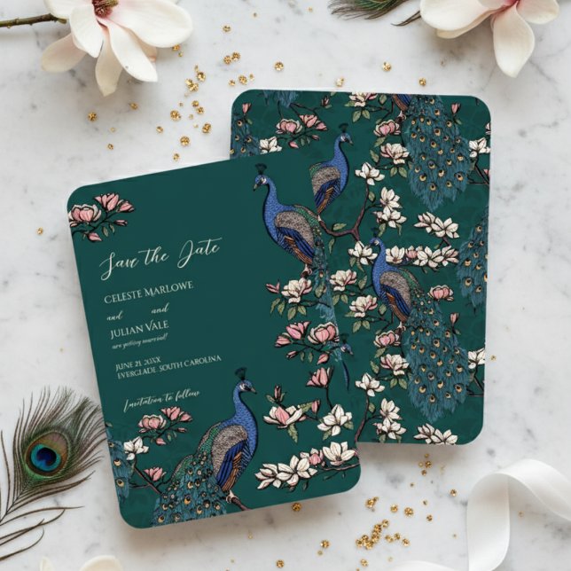 Elegant Teal Floral Peacock Wedding Save The Date (Teal Peacock Save the Dates for Modern Bird Wedding. Vintage Floral Peacock Chinoiserie Engagement )