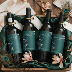 Elegant Teal Floral Peacock Wedding Wine Labels